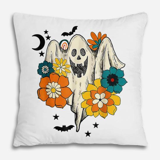 Retro Vintage Groovy Pumpkin Halloween Colors Flower Ghost  Pillow