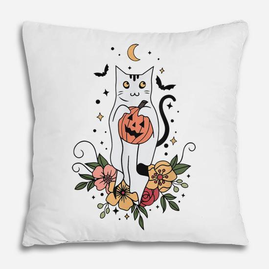 Vintage Cat Halloween Cat Lover Pumpkin Auntum Women Kids  Pillow