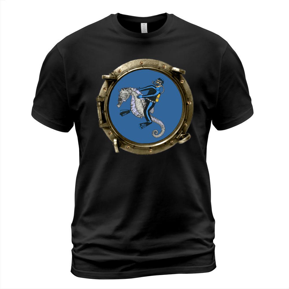 Porthole View of a SCUBA Diver Riding a Seahorse T-Shirt Unisex