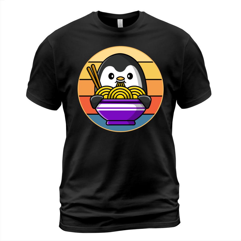 Cute Penguin Eating Ramen Vintage Retro Sunset T-Shirt Unisex