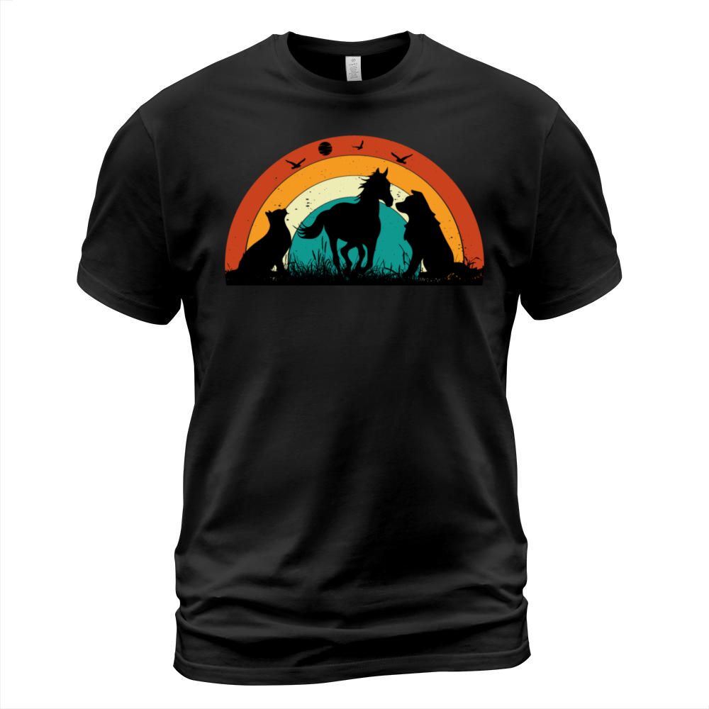 Cat Dog Horse Sunset Colorful Graphic T-Shirt Unisex