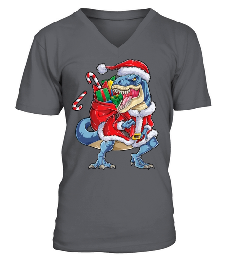 Merry Christmas Dinosaur Christmas Santa Claus T Rex Boys Men Funn V-Neck T-shirt