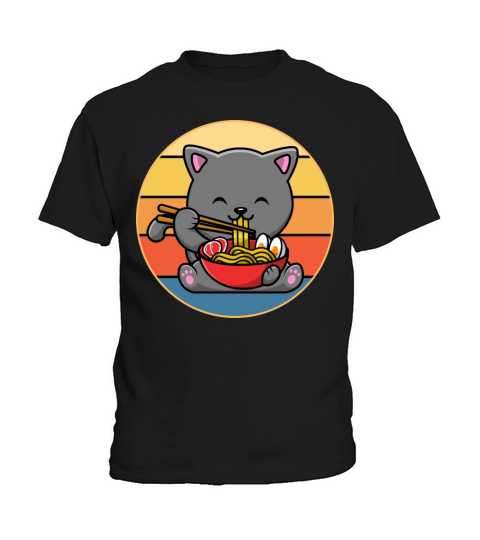 Cute Cat Eating Ramen Vintage Retro Sunset Kawaii Kids T-Shirt