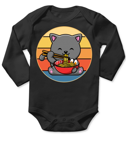 Cute Cat Eating Ramen Vintage Retro Sunset Kawaii Long Sleeve Baby One-Piece