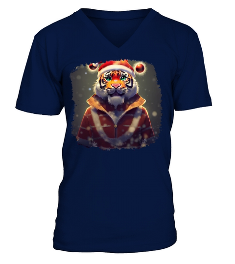 Christmas Cool Tiger with Santa Hat V-Neck T-shirt