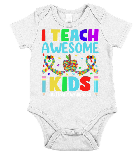 Autism Awareness Puzzle Ribbon I Teach Awesome Ki Short Sleeve Baby One-Piece
