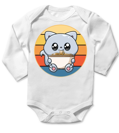 Cute Cat Eating Ramen Vintage Retro Sunset Kawaii Long Sleeve Baby One-Piece