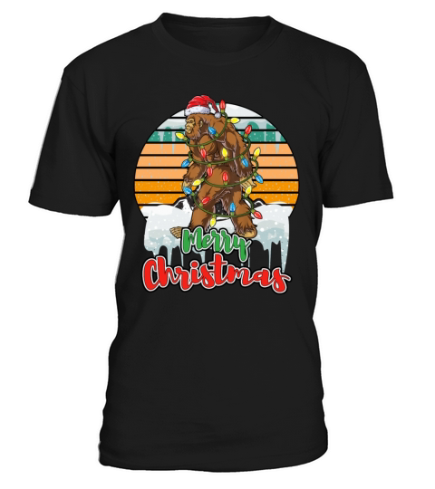 Sunset Bigfoot Santa Christmas Tree Lights Xmas T-Shirt Unisex