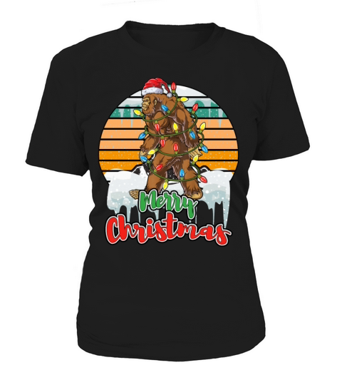 Sunset Bigfoot Santa Christmas Tree Lights Xmas Women's T-Shirt