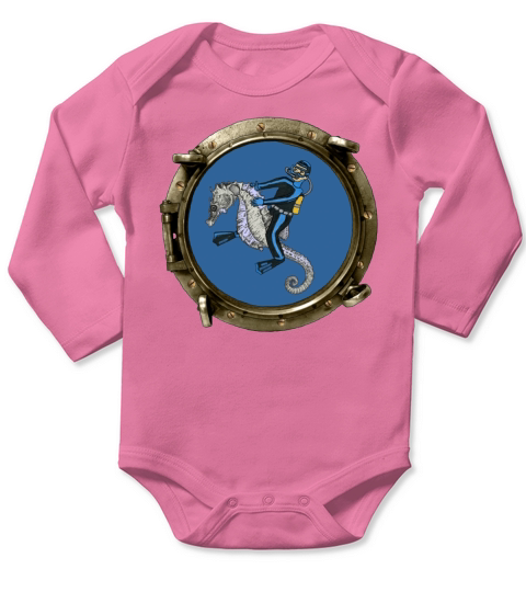 Porthole View of a SCUBA Diver Riding a Seahorse Long Sleeve Baby One-Piece