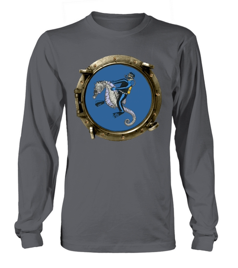Porthole View of a SCUBA Diver Riding a Seahorse Long sleeved Unisex