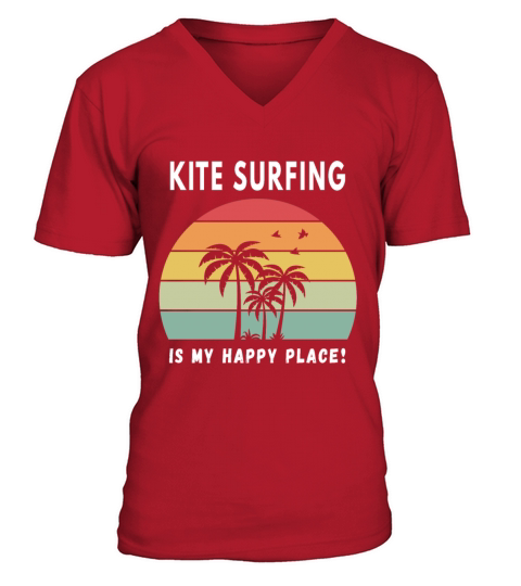 Kitesurfing Is My Happy Place Vintage Retro Sunset V-Neck T-shirt