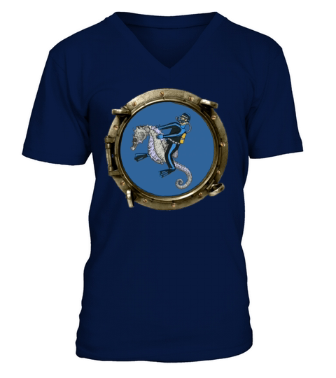 Porthole View of a SCUBA Diver Riding a Seahorse V-Neck T-shirt