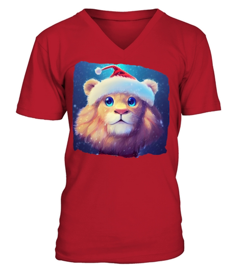 Christmas Cute Lion with Santa Hat V-Neck T-shirt