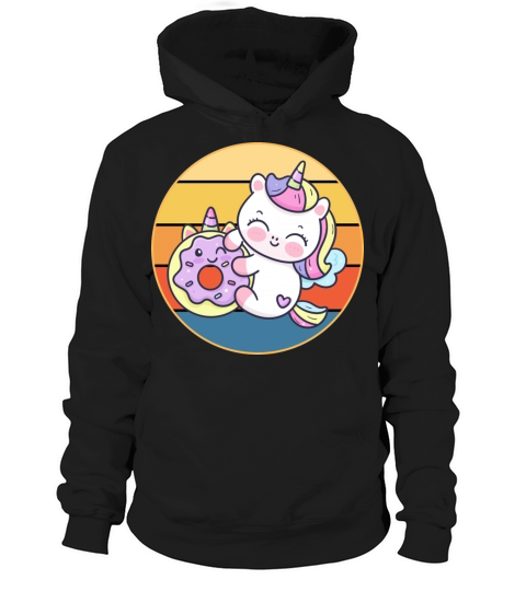 Cute Unicorn Eating Donut Vintage Retro Sunset Hoodie Unisex