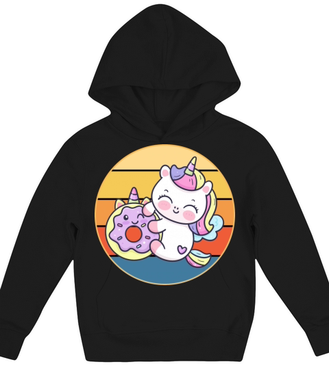 Cute Unicorn Eating Donut Vintage Retro Sunset Kids Hoodie