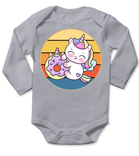 Cute Unicorn Eating Donut Vintage Retro Sunset Long Sleeve Baby One-Piece