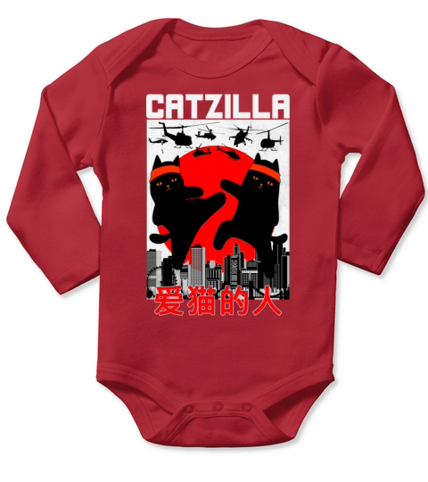 Funny Vintage Catzilla Japanese Retro Style Long Sleeve Baby One-Piece