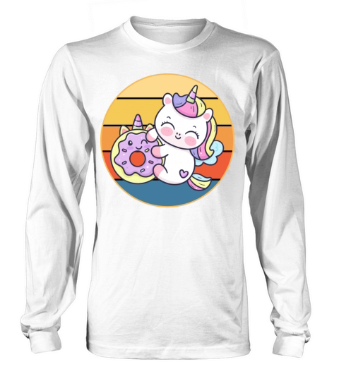 Cute Unicorn Eating Donut Vintage Retro Sunset Long sleeved Unisex