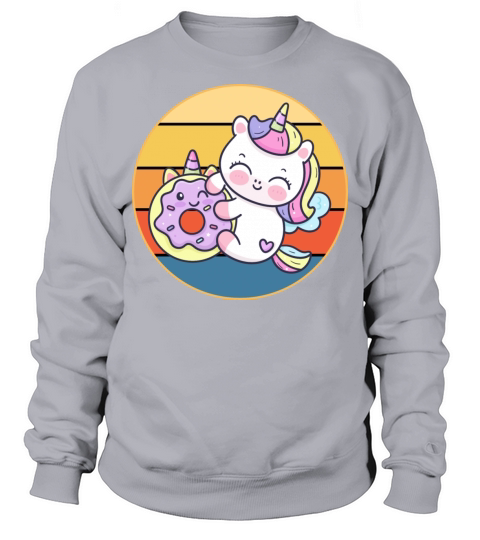 Cute Unicorn Eating Donut Vintage Retro Sunset Sweatshirt Unisex