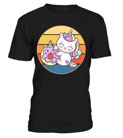 Cute Unicorn Eating Donut Vintage Retro Sunset T-Shirt Unisex