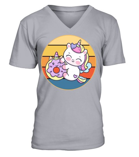 Cute Unicorn Eating Donut Vintage Retro Sunset V-Neck T-shirt