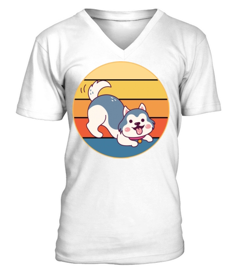 Funny Kawaii Cute Husky Dog Vintage Retro Sunset V-Neck T-shirt
