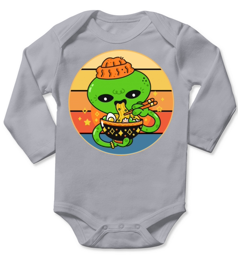 Cute Alien Eating Ramen Vintage Retro Sunset Long Sleeve Baby One-Piece