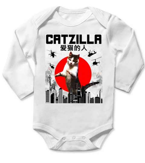 Vintage Catzilla Japanese Retro Style Cat Long Sleeve Baby One-Piece