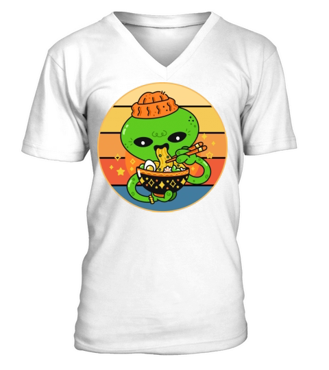Cute Alien Eating Ramen Vintage Retro Sunset V-Neck T-shirt