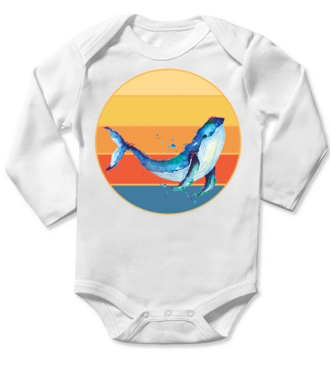 Cute Kawaii Whale Retro Sunset Vintage Ocean Long Sleeve Baby One-Piece