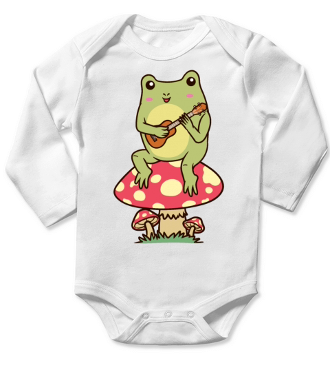 Frog On A Mushroom Ukulele Player Ukulelist Long Sleeve Baby One-Piece