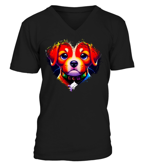 Cute Colorful Rainbow Dog Valentines Day Heart V-Neck T-shirt