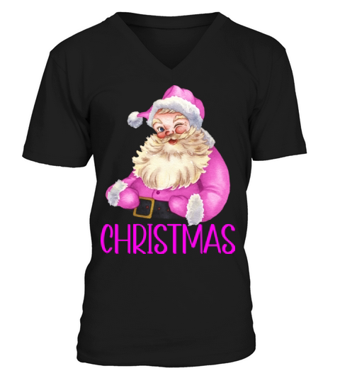 Merry Christmas Retro Vintage Pink Santa Claus V-Neck T-shirt