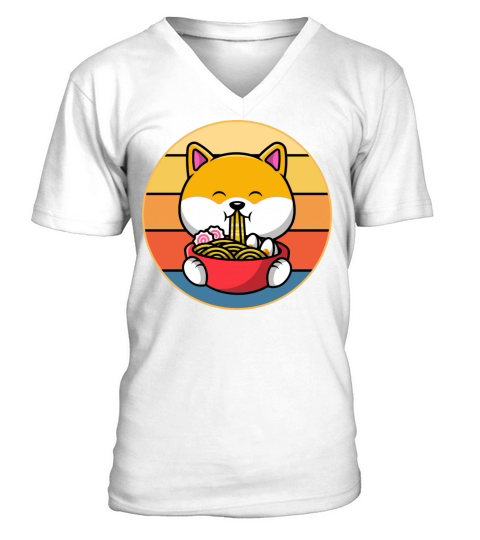 Cute Shiba Inu Eating Ramen Vintage Retro Sunset V-Neck T-shirt