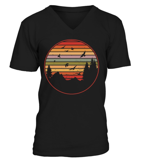 Retro Forest With Bird In Sunset V-Neck T-shirt