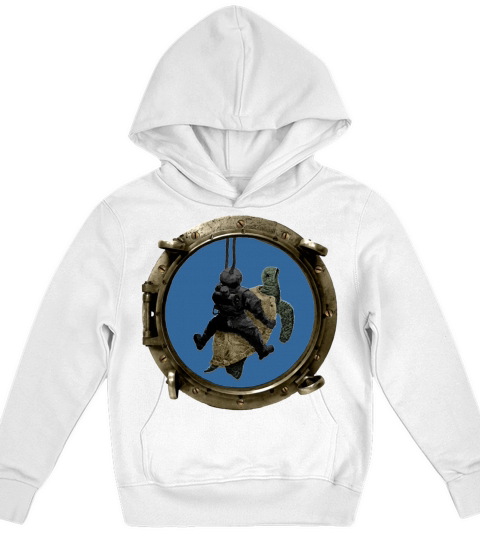Porthole View of a Helmet Diver Riding a Turtle Kids Hoodie