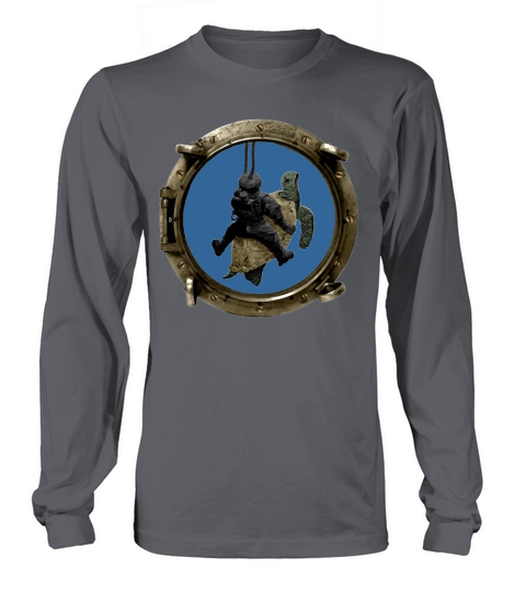 Porthole View of a Helmet Diver Riding a Turtle Long sleeved Unisex