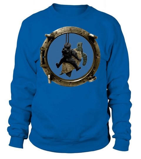Porthole View of a Helmet Diver Riding a Turtle Sweatshirt Unisex