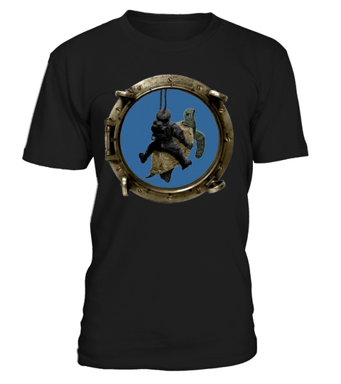 Porthole View of a Helmet Diver Riding a Turtle T-Shirt Unisex