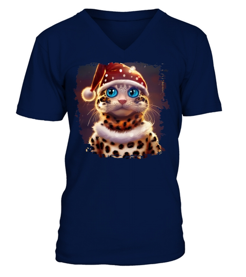 Christmas Cute Leopard with Santa Hat V-Neck T-shirt