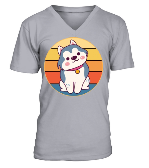 Funny Kawaii Cute Husky Dog Vintage Retro Sunset V-Neck T-shirt
