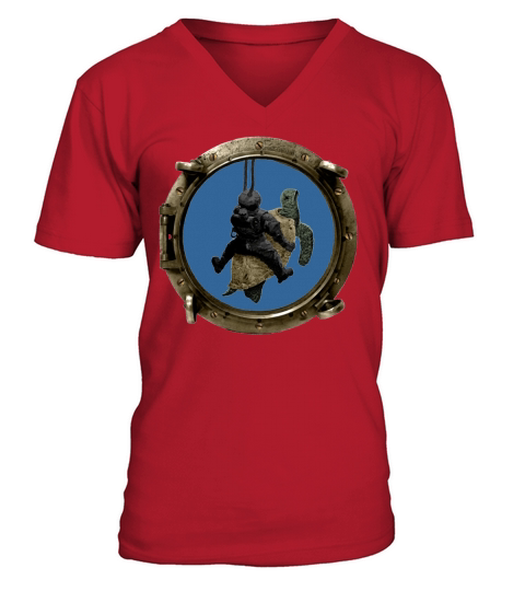 Porthole View of a Helmet Diver Riding a Turtle V-Neck T-shirt