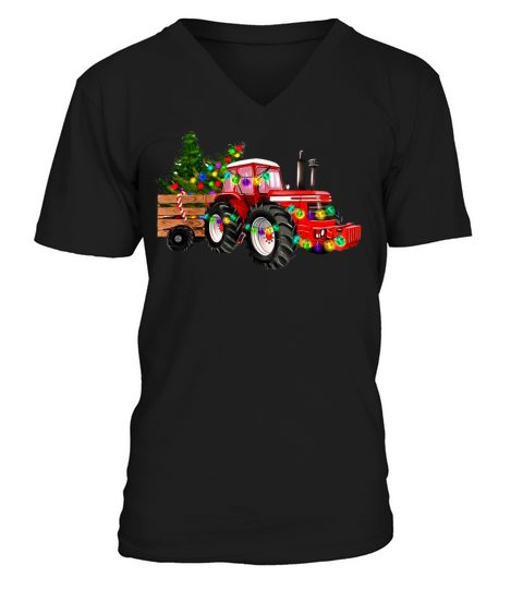 Vintage Tractor Farmer Christmas Tree Xmas Lights V-Neck T-shirt