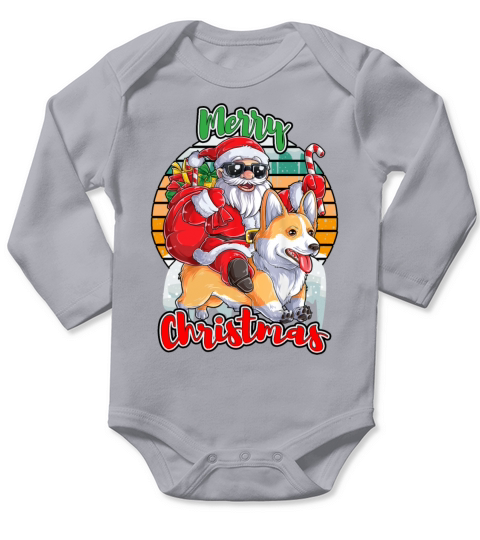 Merry Christmas Santa Claus Riding Corgi Xmas Boys Men C Long Sleeve Baby One-Piece