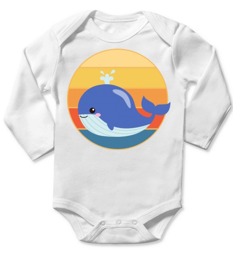 Cute Kawaii Whale Retro Sunset Vintage Ocean Long Sleeve Baby One-Piece