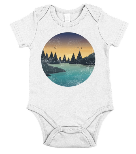 Retro River With Forest And Birds In The Sunset Short Sleeve Baby One-Piece