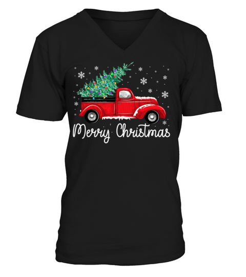 Vintage Red Truck With Merry Christmas Tree V-Neck T-shirt