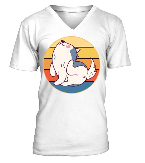 Funny Kawaii Cute Husky Dog Vintage Retro Sunset V-Neck T-shirt