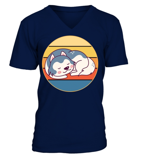 Funny Kawaii Cute Husky Dog Vintage Retro Sunset V-Neck T-shirt